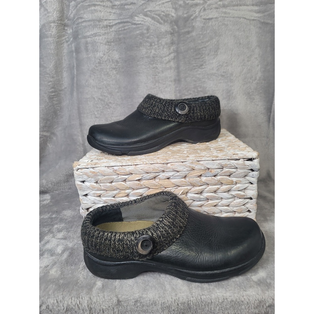 Dansko Black Leather Clogs Granola Grey Knit Sweater Collar Slip On Shoes 40/9.5